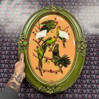 Parrots large antique bubble glass painting